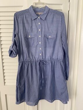 GAP Blue Checked Button-Front Drawstring Shirt Dress